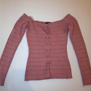 Women's Off-Shoulder Lace-Up Shirt- Pink